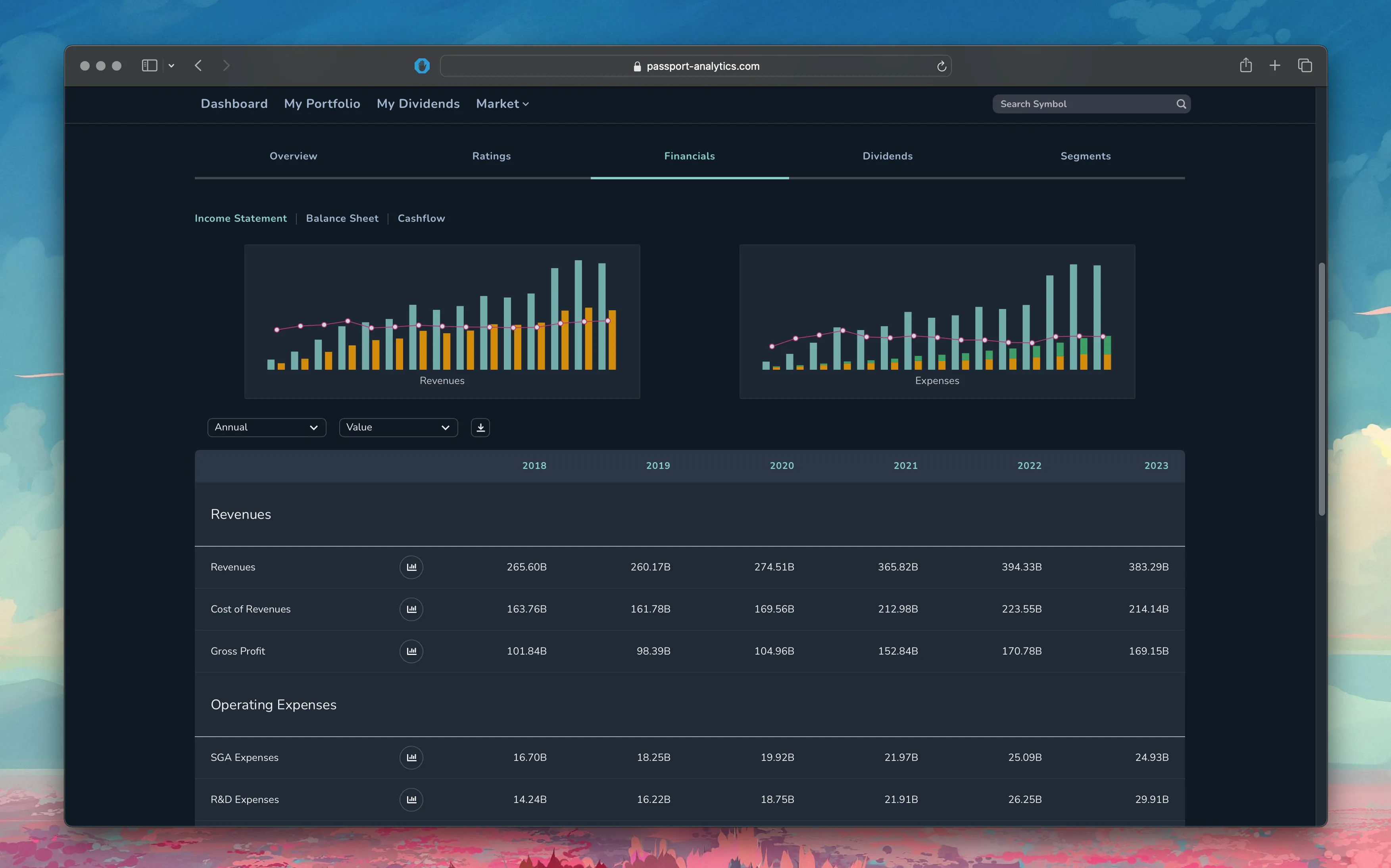 You can see the income statement, balance sheet, and cashflow statements for your favorite stocks. You are also able to download them to a csv file.